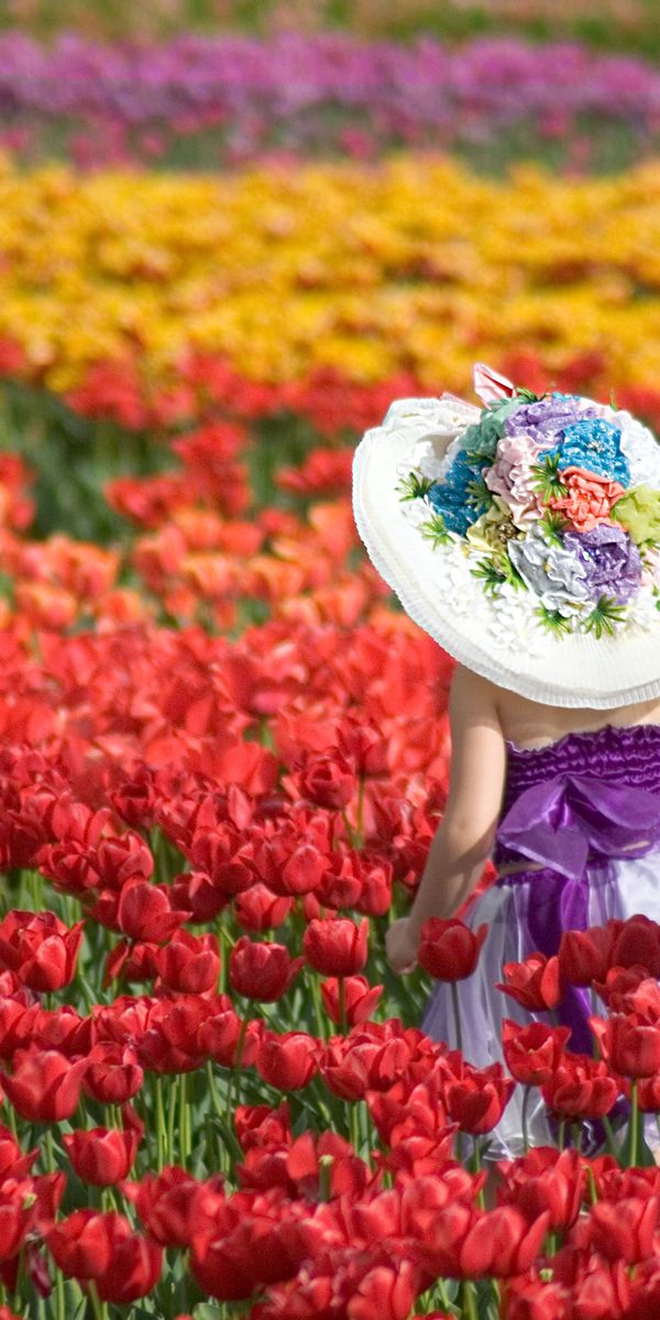 Phone wallpaper: Flower, Blur, Field, Child, Tulip, Hat, Photography, Red Flower, Little Girl free d