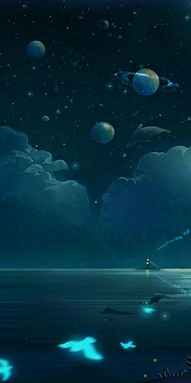 Phone wallpaper: Anime, Landscape, Sky, Night, Moon, Bird, Cat, Ocean, Planet, Cloud, Fish, Whale, S