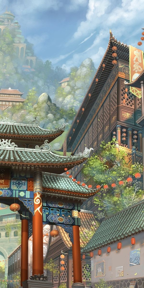 Aesthetic Anime Cityscape with Lanterns and Mountains