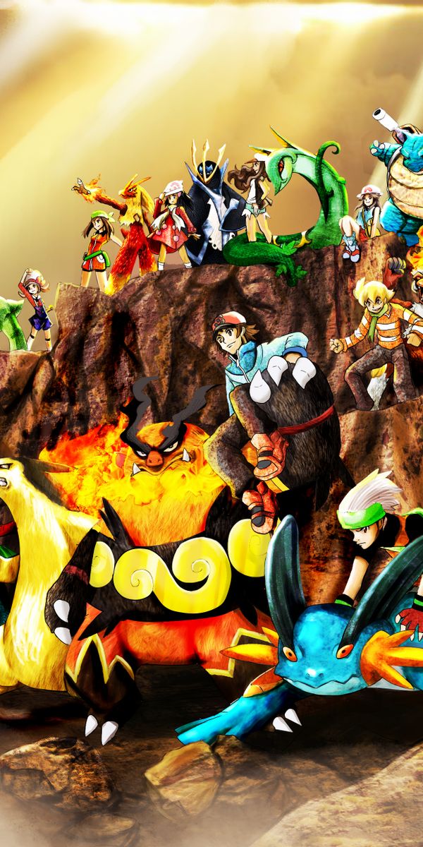 Epic Pokémon Battle Wallpaper Featuring Red and Iconic Pokémon Characters