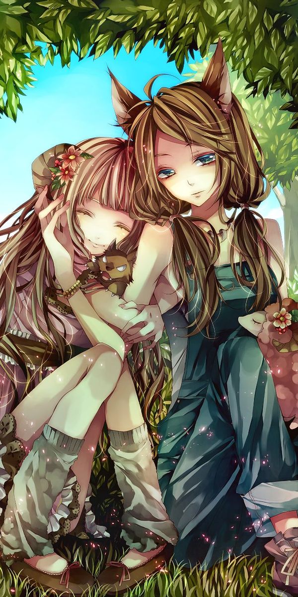Charming 4K anime wallpaper of two girls in a vibrant forest setting