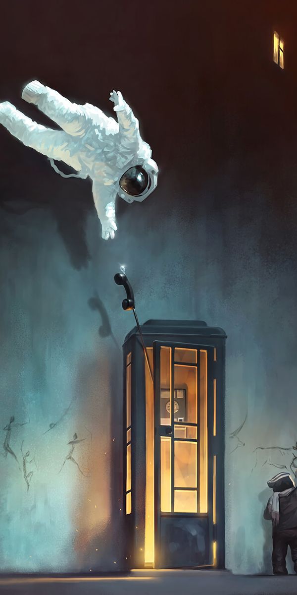 Astronaut Floating Near a Telephone Booth in Cosmic Art