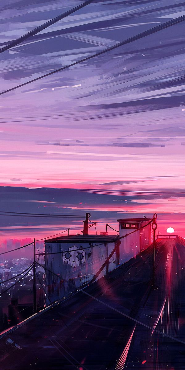 Anime Girl Sitting on Rooftop at Sunset Over Cityscape