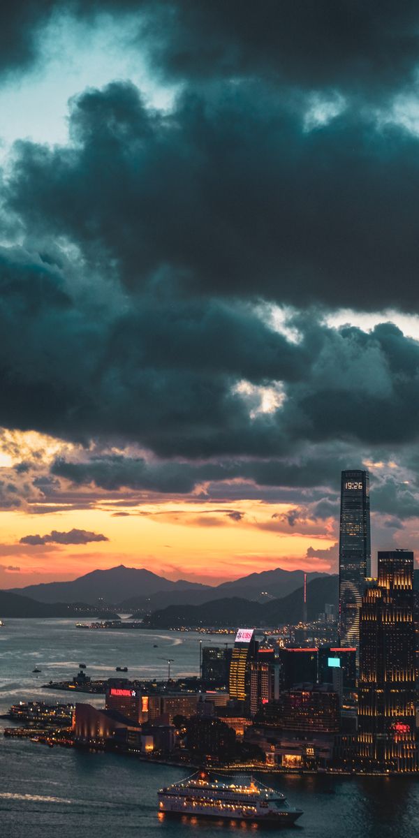 Beautiful Hong Kong City Skyline at Sunset