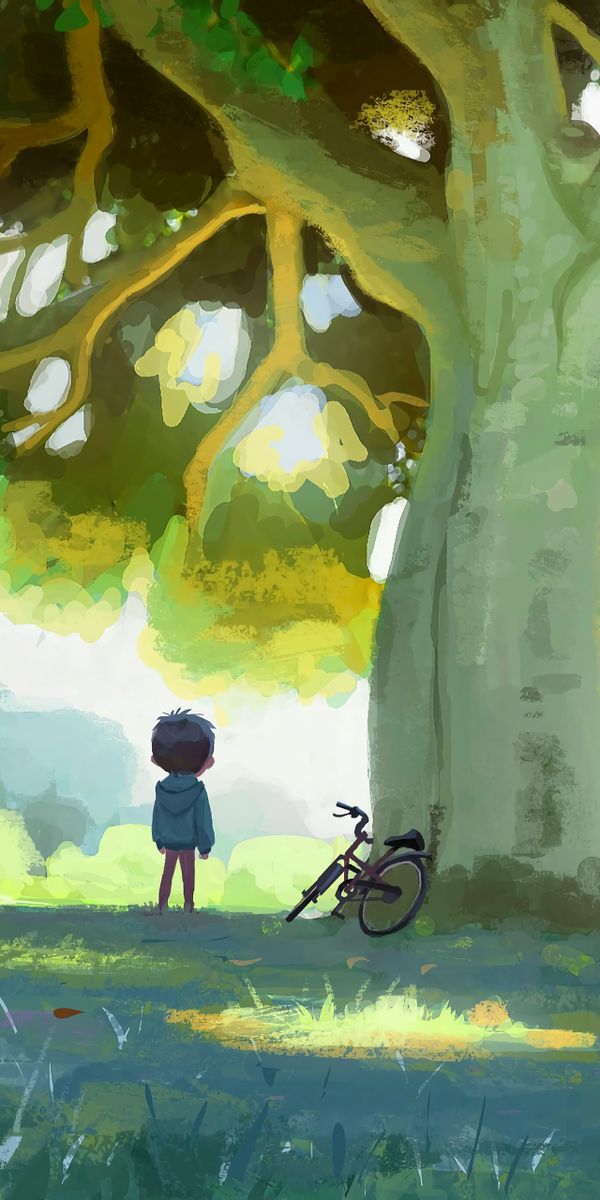 Charming Child by a Tree with a Bicycle in Nature