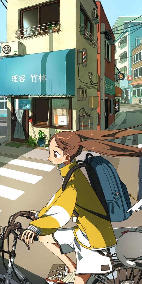Phone wallpaper: Anime, City, Cat, Girl, Bike free download