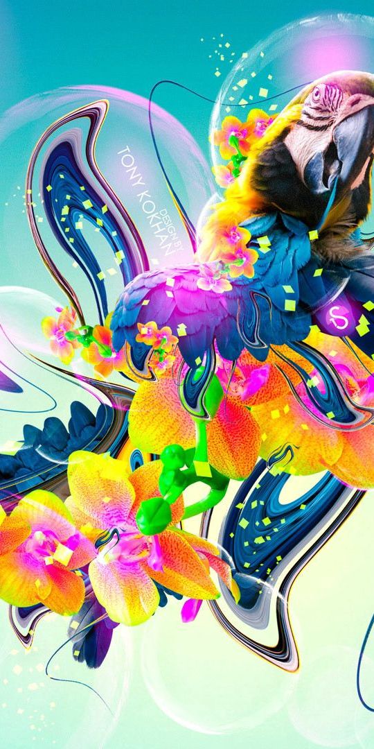 Colorful Parrot Surrounded by Flowers – An Abstract Phone Wallpaper
