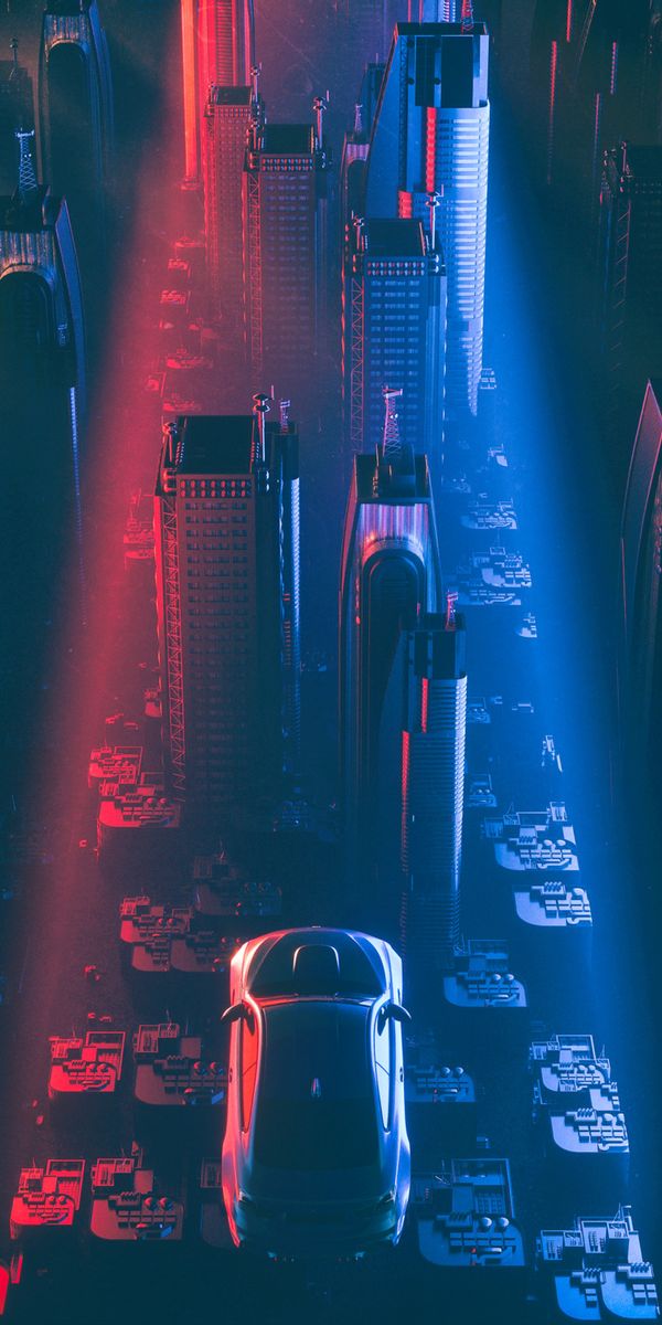 Trendy Sci-Fi Cityscape with a Futuristic Flying Car