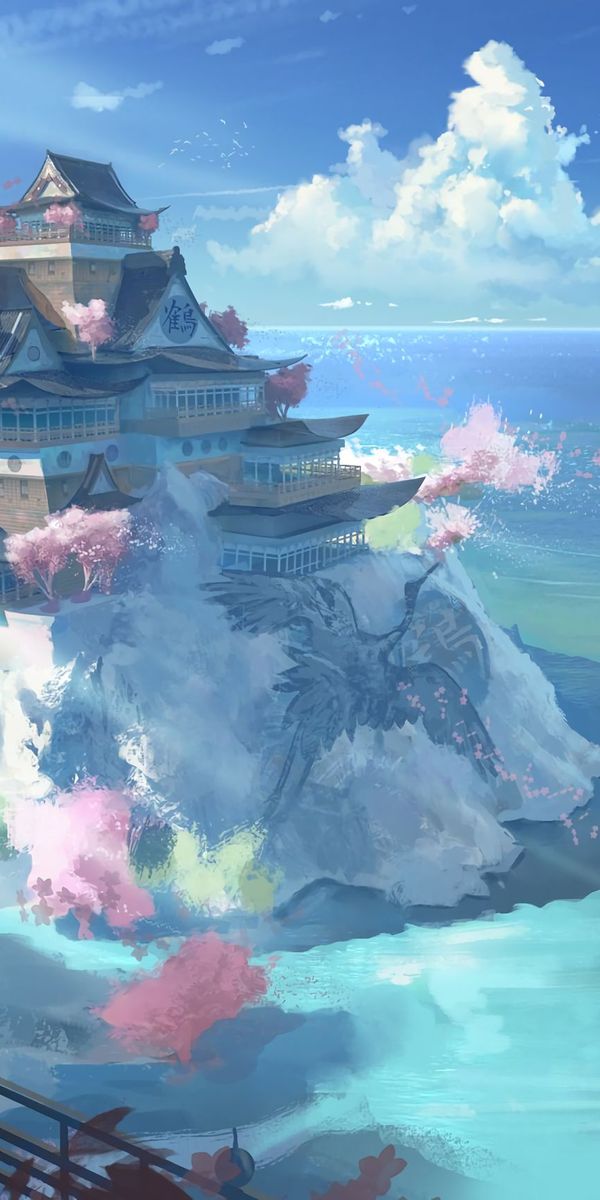 Anime Castle Overlooking the Ocean with Cherry Blossoms
