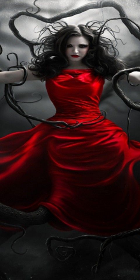 Gothic Phone Wallpaper: Enigmatic Figure in a Dark Dress Amidst Twisted Branches