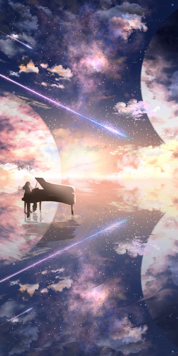 Anime Grand Piano in a Cosmic Illusion Wallpaper