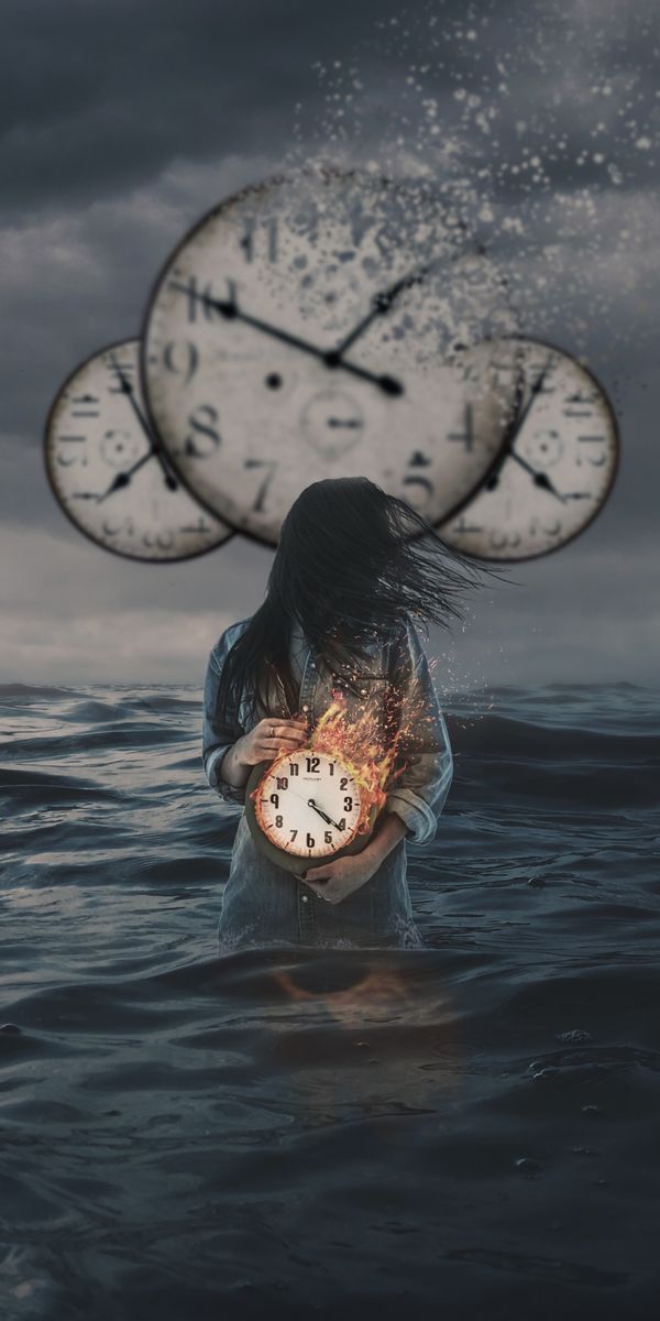 Mysterious Girl with Clock in Flames - A Unique Mobile Wallpaper