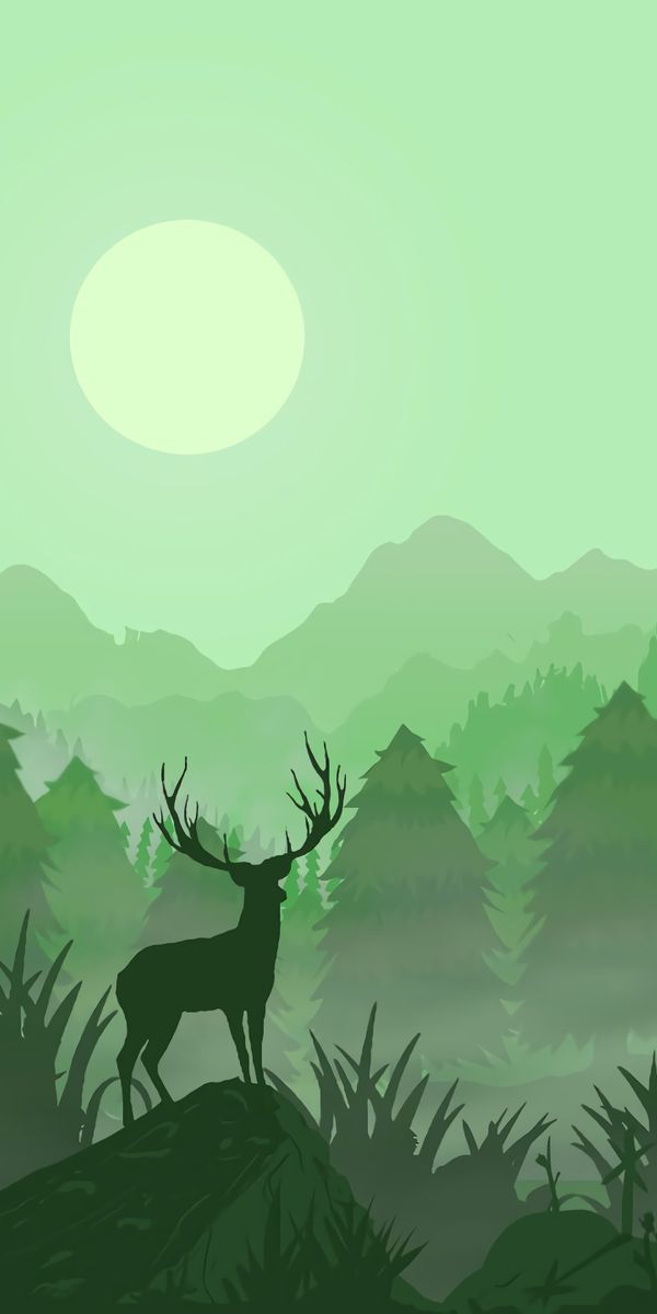Serene Deer Silhouette in a Misty Forest with Moon