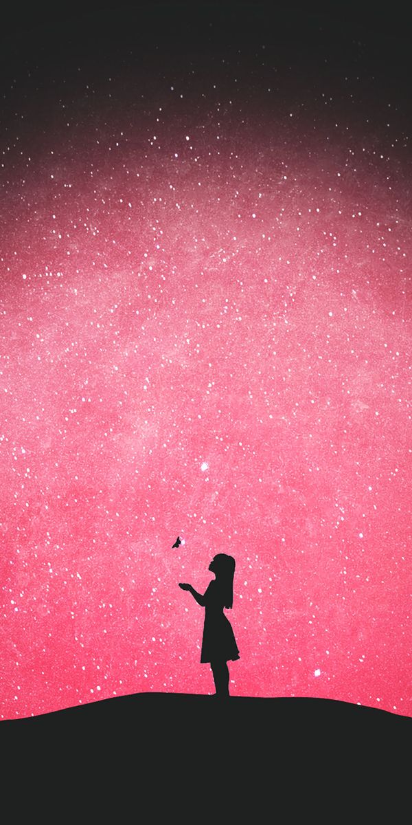 Silhouette of a Girl with a Butterfly Against a Starry Sky