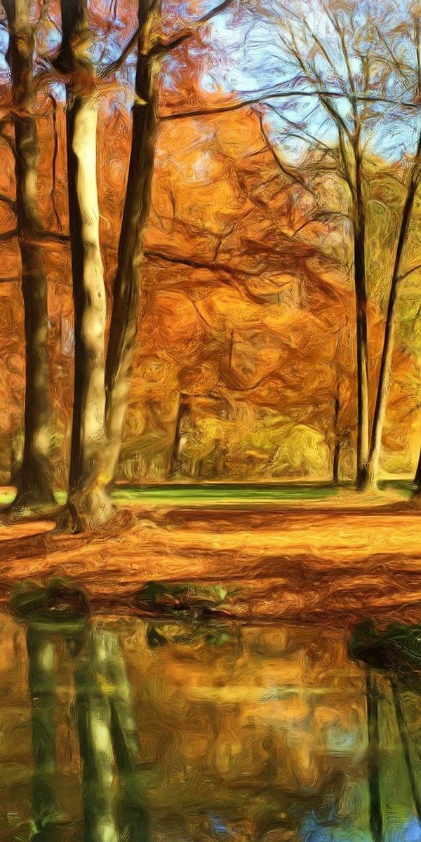 Phone wallpaper: Landscape, Nature, Reflection, Park, Tree, Painting, Artistic, Oil Painting free do