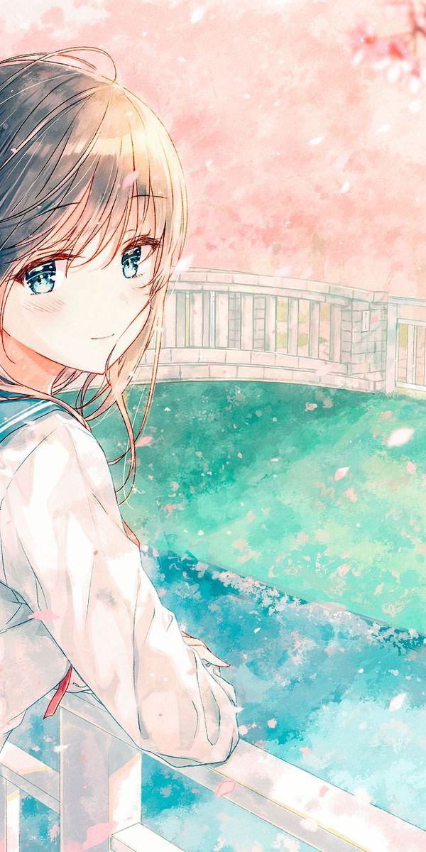 Anime Girl with Blue Eyes by the Canal in Spring Blossom