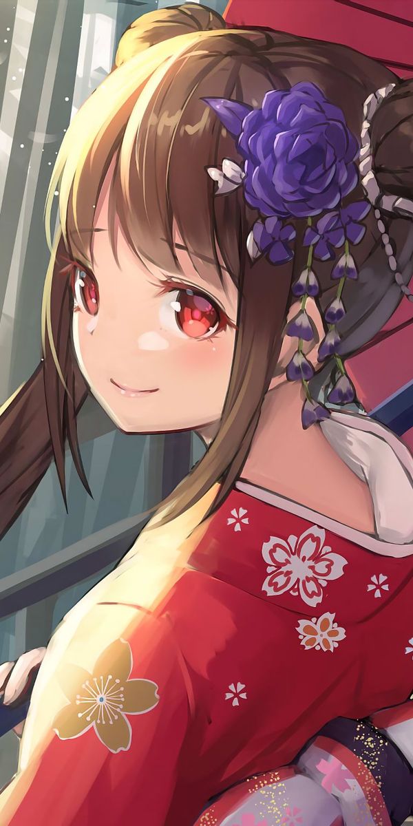 Anime Girl in Traditional Kimono with Umbrella and Monkey