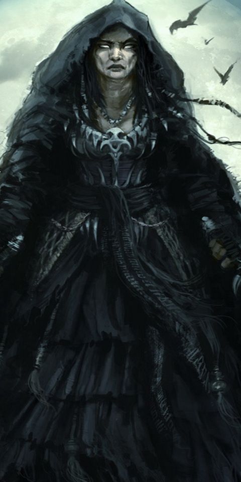 Dark Witch Holding Knives Under the Full Moon