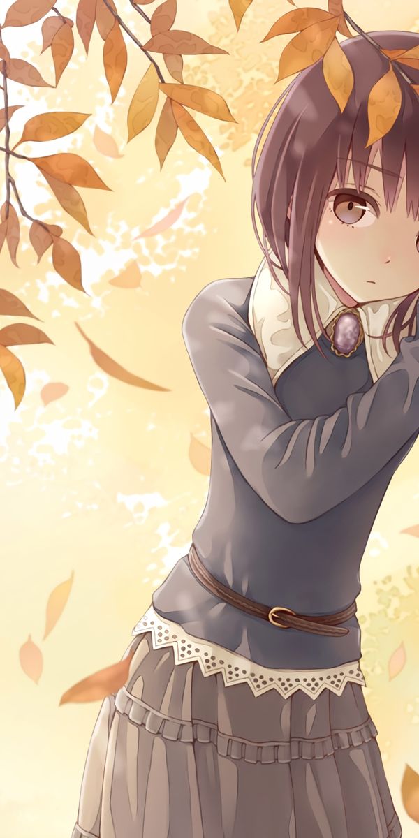 Charming 4K Phone Wallpaper Featuring an Anime Girl Surrounded by Leaves
