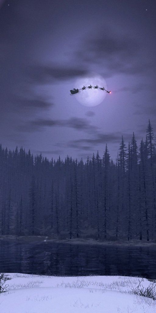 Santa Flying Over a Winter River at Night
