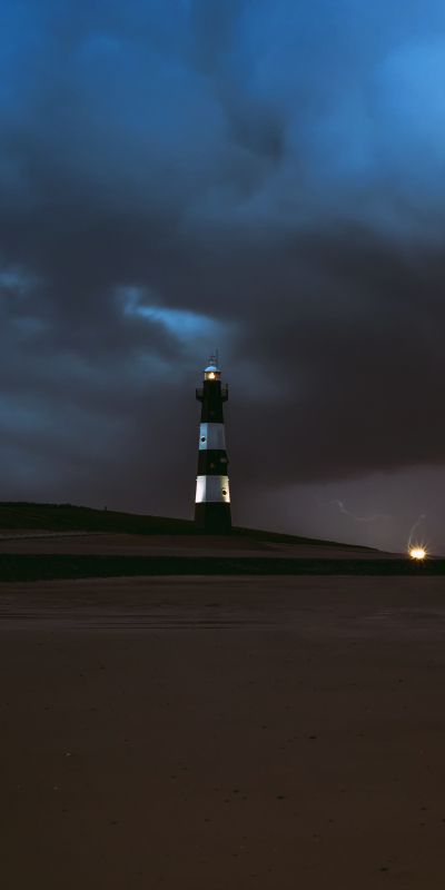 Phone wallpaper: Night, Beach, Sand, Horizon, Lighthouse, Man Made free download