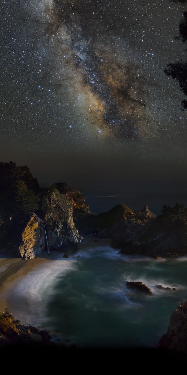 Phone wallpaper: Sky, Stars, Night, Mountain, Waterfall, Starry Sky, Earth, Milky Way, California, B