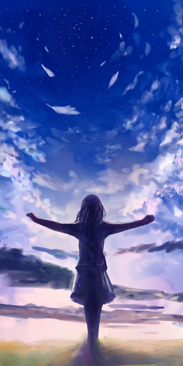 Enchanting anime wallpaper featuring a girl against a breathtaking sky