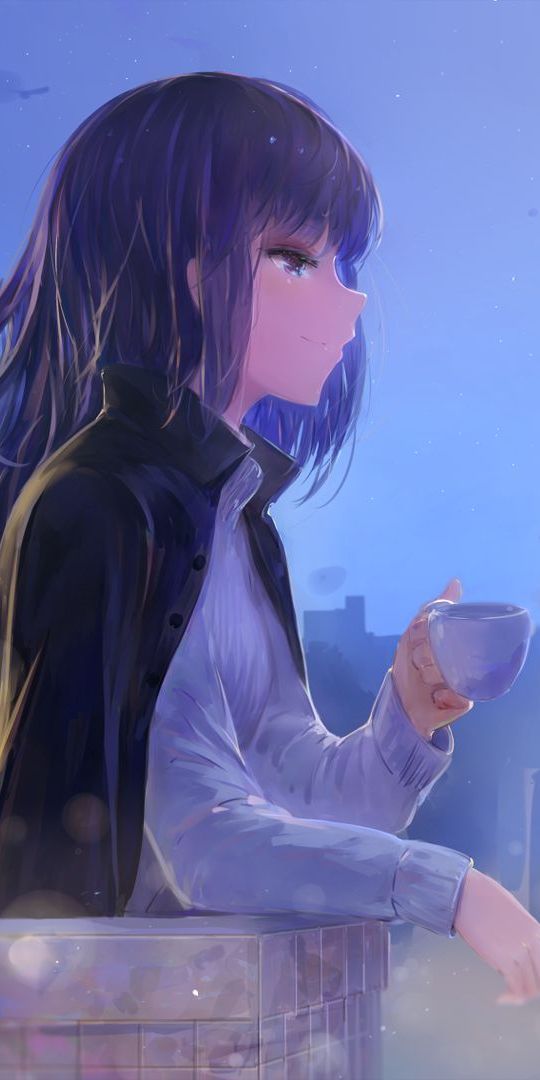 Phone wallpaper: Anime, Night, Cat, Original, Long Hair, Purple Eyes, Purple Hair free download
