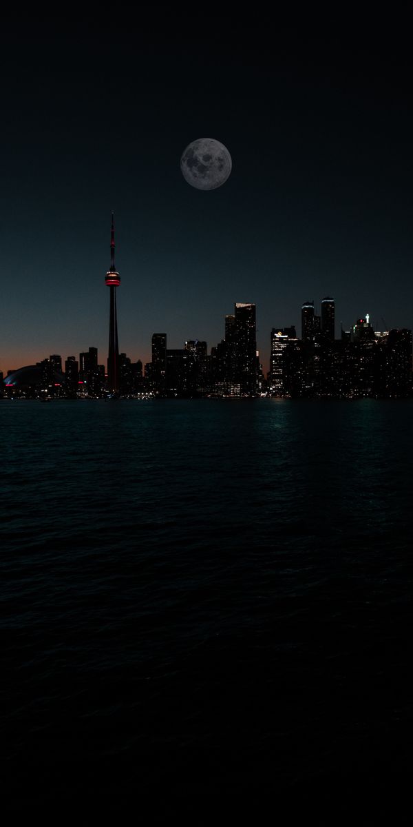 Gorgeous Night Cityscape with a Full Moon Over Water