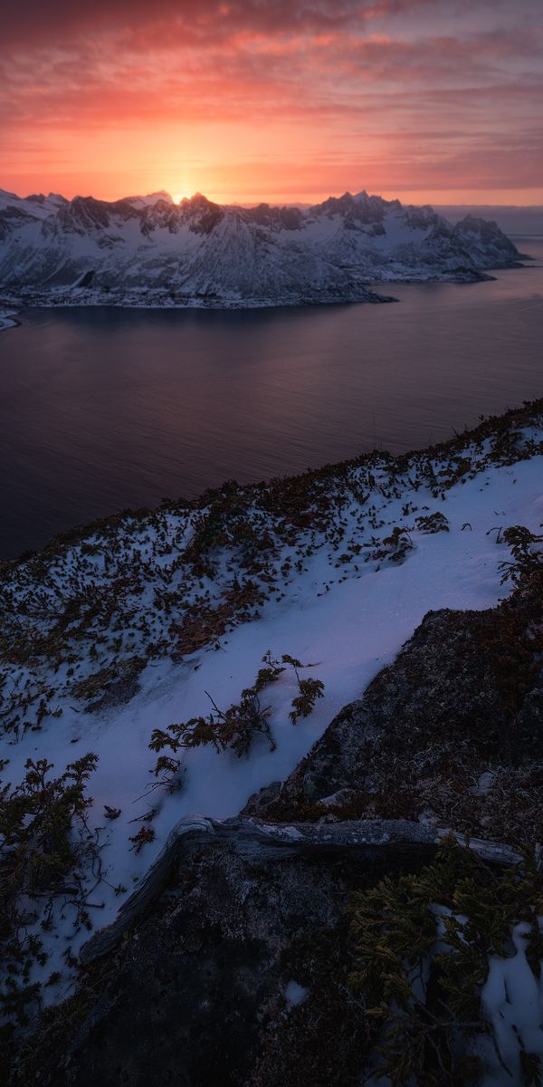 Phone wallpaper: Mountains, Nature, Winter, Snow, Lake, Sunset free download