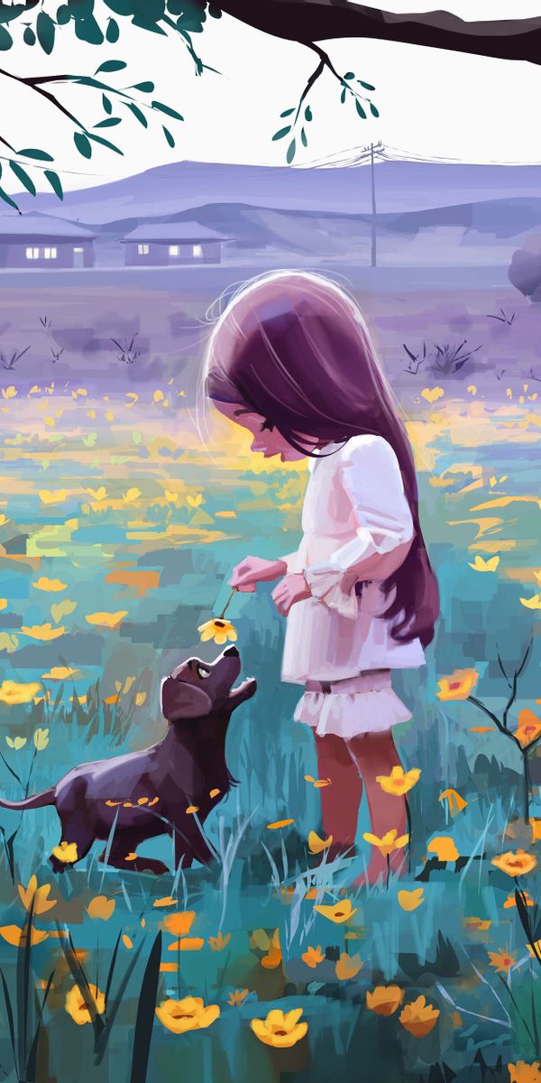 Charming Girl with a Dog Surrounded by Flowers