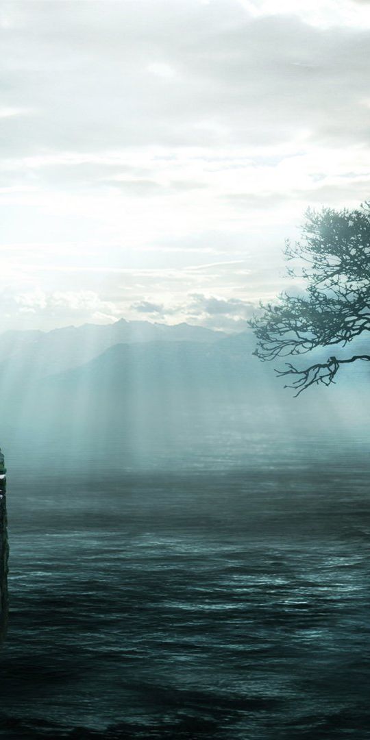Enchanting phone wallpaper featuring a solitary tree and ancient ruins