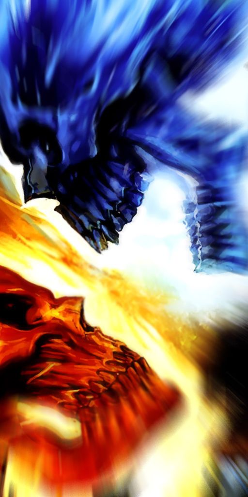 Eye-catching phone wallpaper featuring contrasting skulls in fire and ice