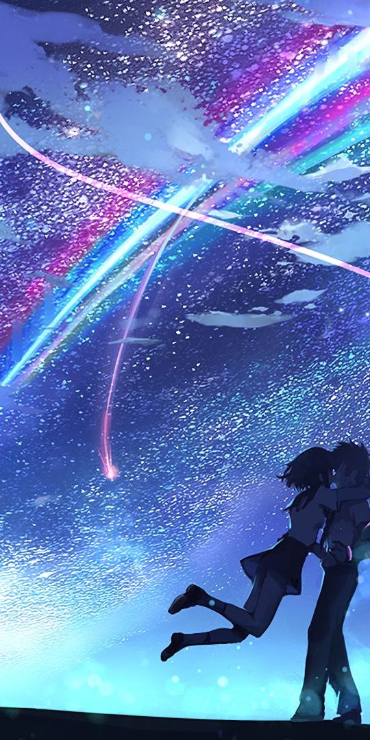 High-Quality Kimi no Na wa Wallpaper of Mitsuha and Taki Embracing Under Stars