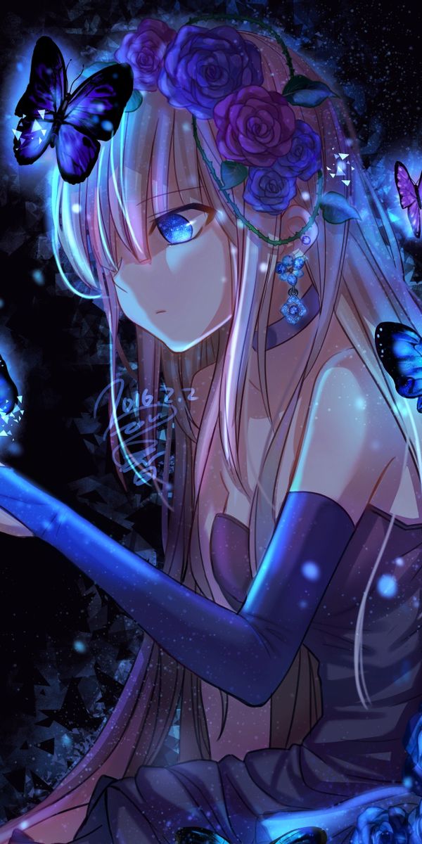 Anime Girl Surrounded by Butterflies and Flowers