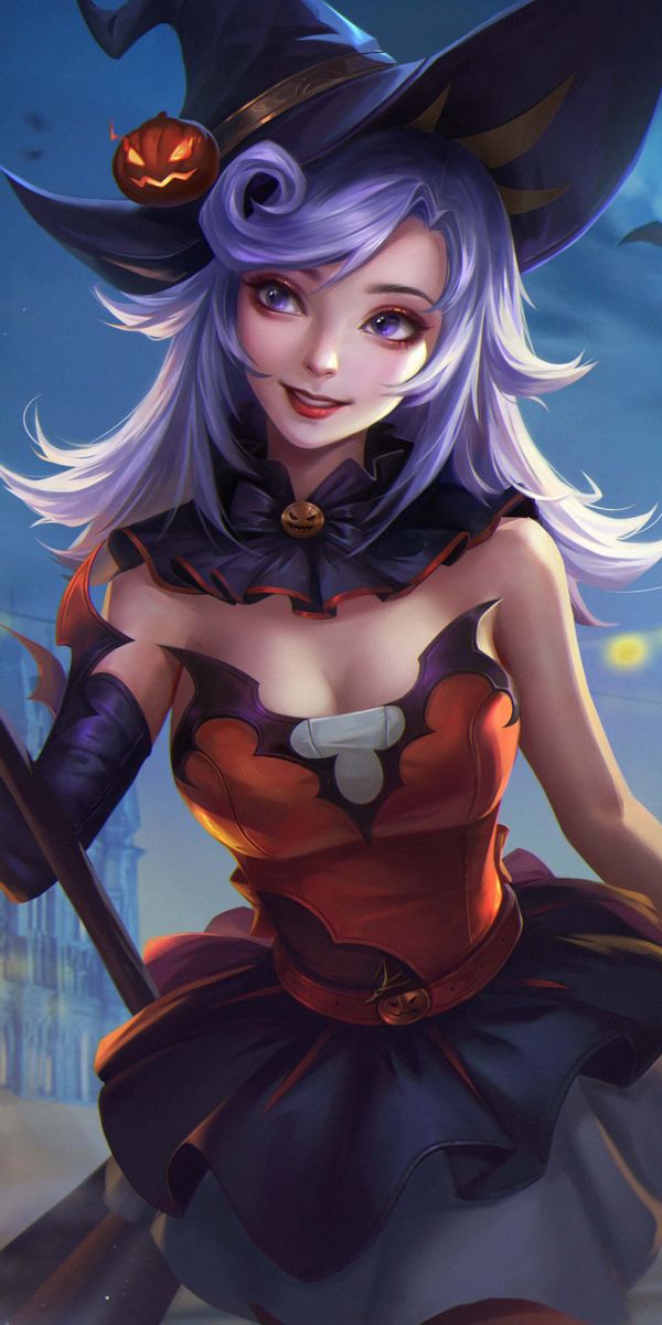 Phone wallpaper: Anime, Halloween, Night, Cat, Girl, Witch, Witch Hat free download
