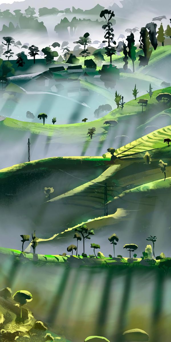 Breathtaking HD wallpaper of serene hills, trees, and radiant beams of light
