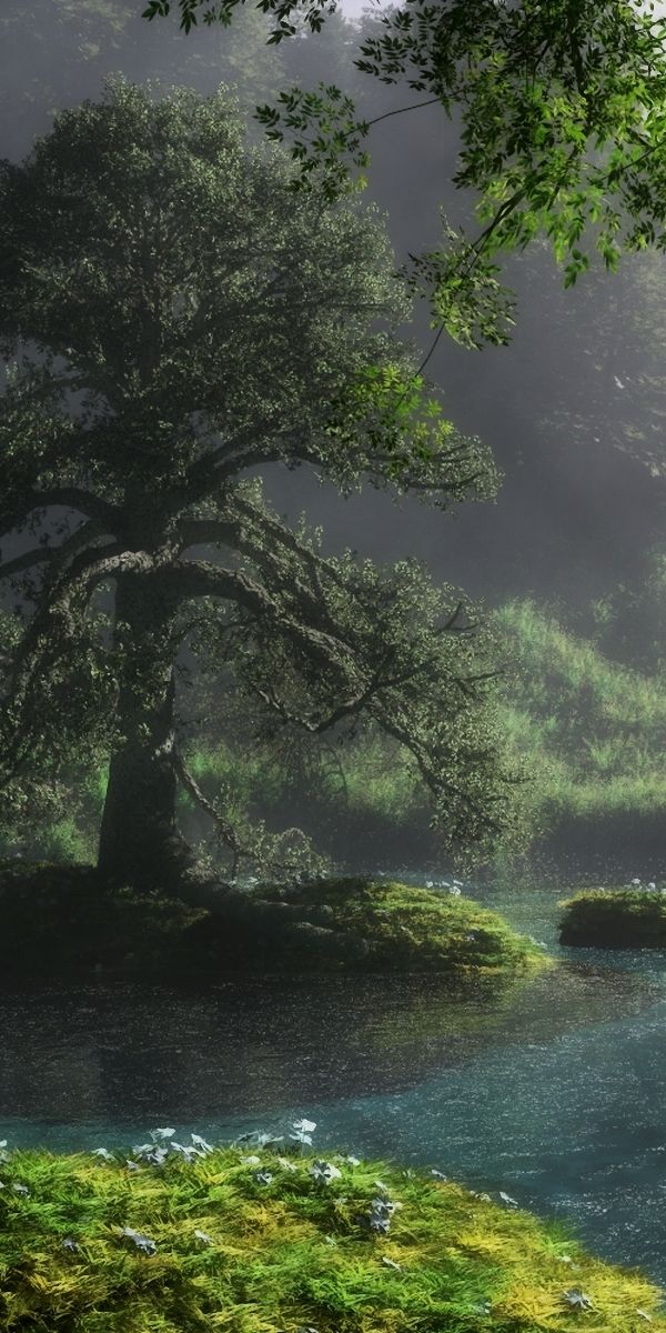 Serene Fantasy Landscape Featuring a Majestic Waterfall and Tree