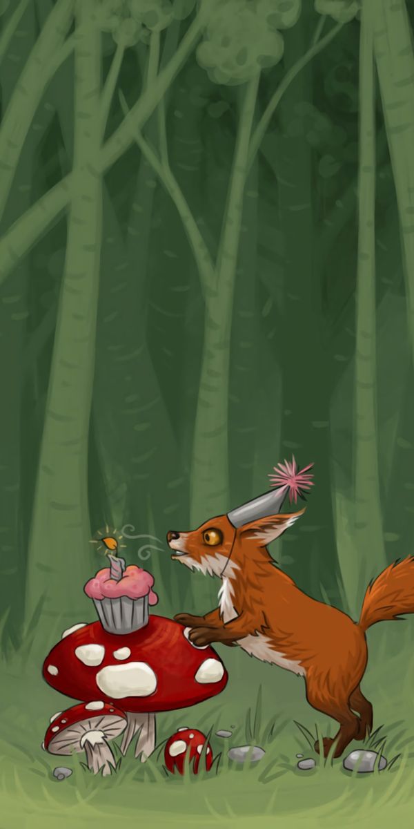 Charming Fox Celebrating with a Birthday Cake on a Mushroom