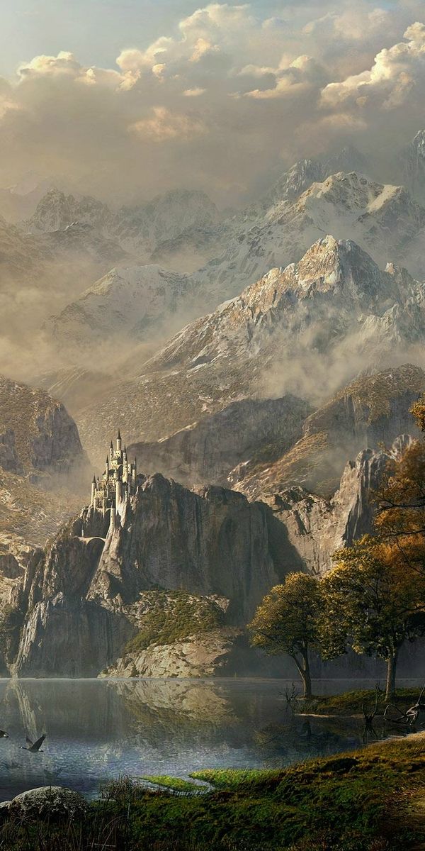 Fantasy Scene with Horse Near a Serene Lake and Mountains