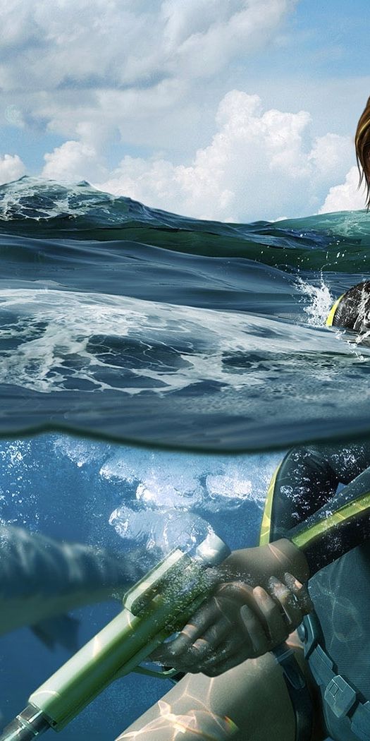 Lara Croft: Tomb Raider in Water with Sharks Wallpaper