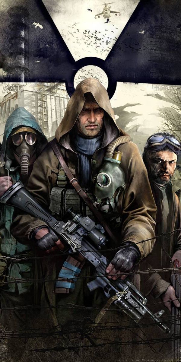Dark STALKER Phone Wallpaper Featuring Characters in Gas Masks