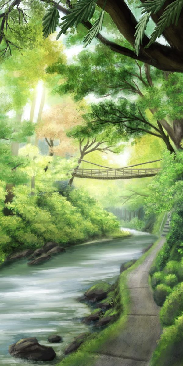 Tranquil riverside wallpaper featuring a bridge, trees, and a winding path