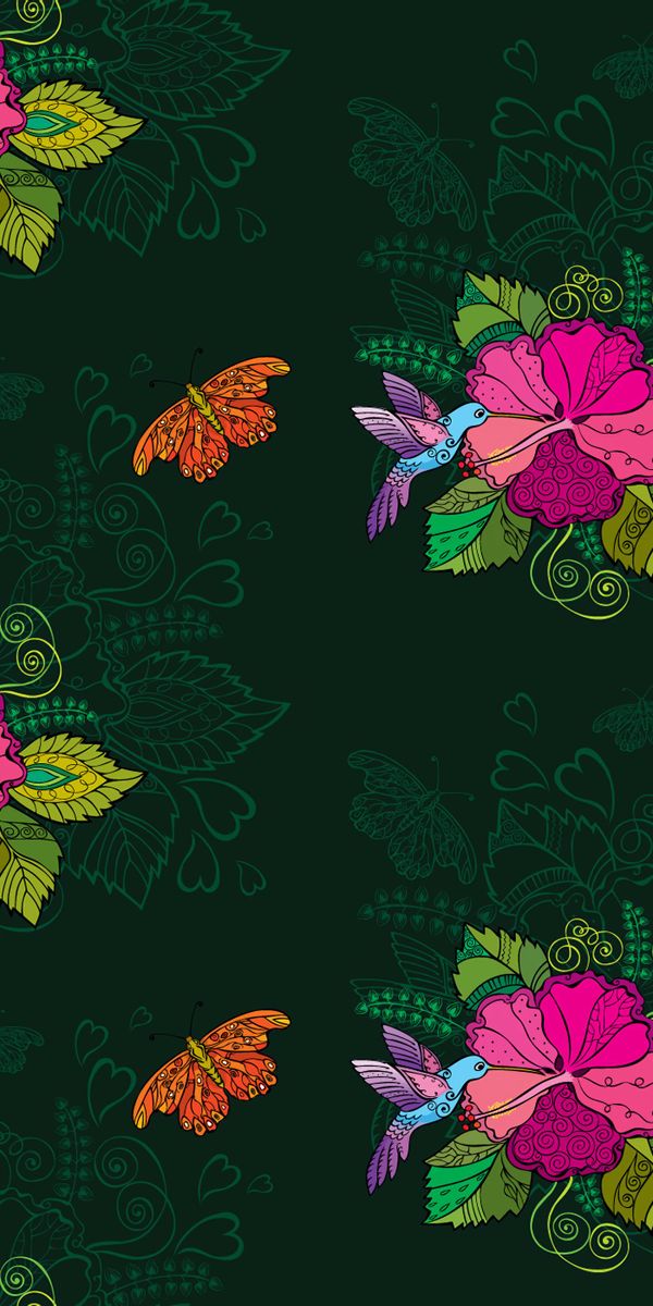 Vibrant Floral Wallpaper Featuring Hummingbirds and Butterflies