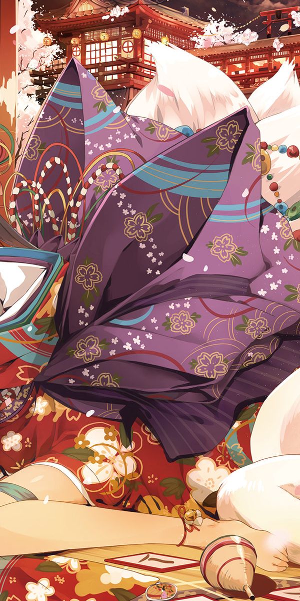 Phone wallpaper: Anime, Girl, Red Eyes, Black Hair, Animal Ears, Japanese Clothes, Kitsune free down