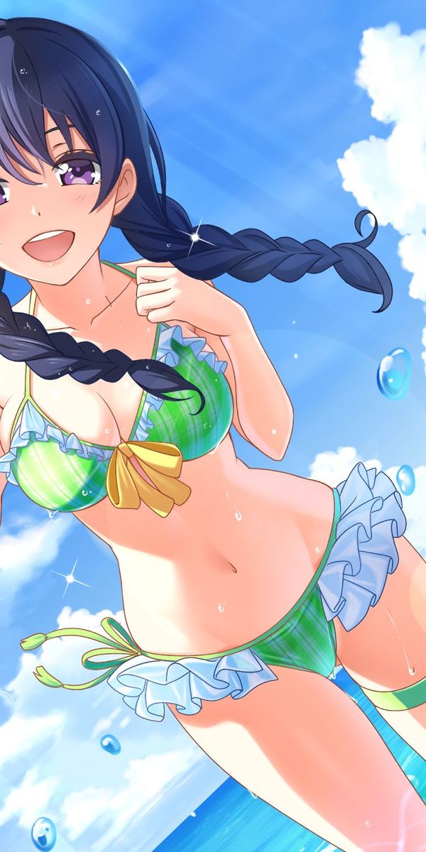 Vibrant anime wallpaper featuring a girl in a bikini with purple eyes