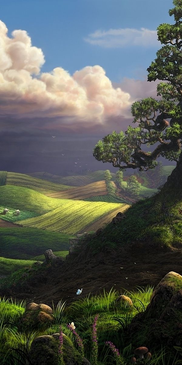 Enchanting Fantasy Landscape Phone Wallpaper: Lush Greens and Dramatic Skies