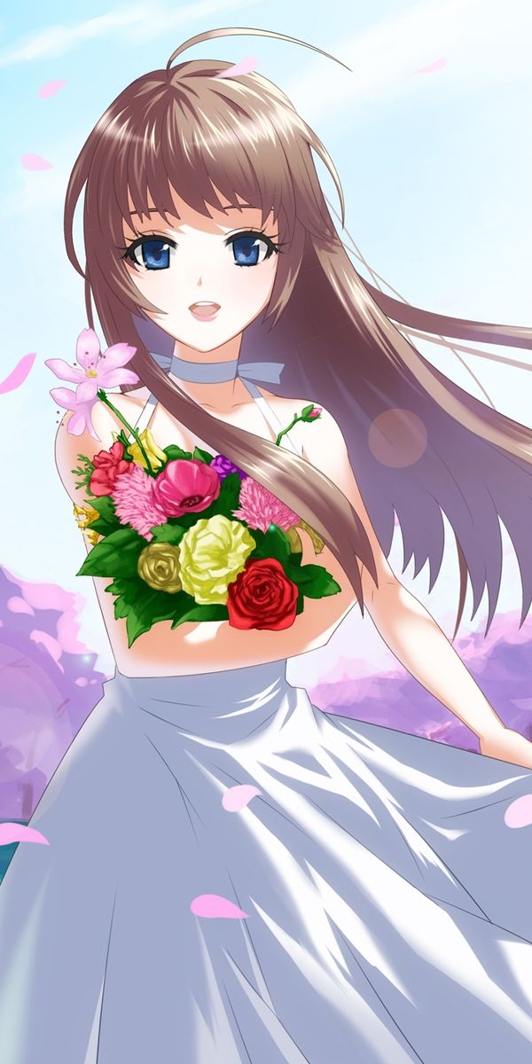 Charming mobile wallpaper featuring a brunette girl with a bouquet in anime style