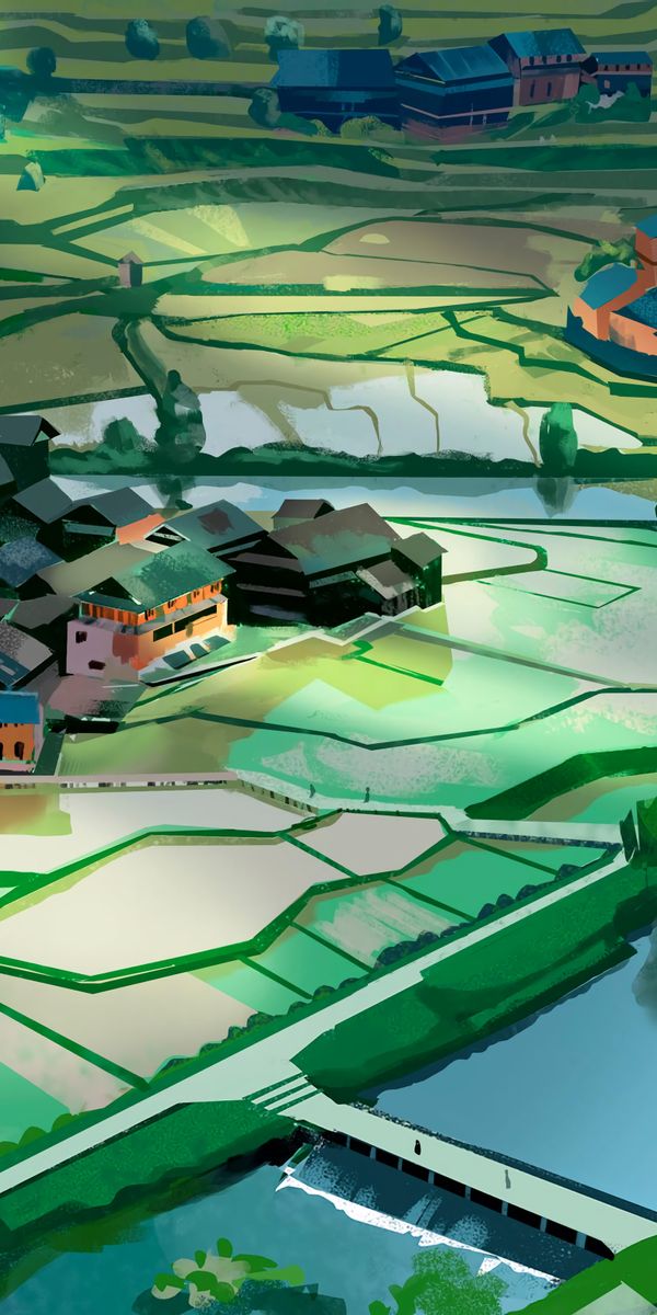 Artistic Cityscape Featuring Scenic Rivers and Unique Buildings