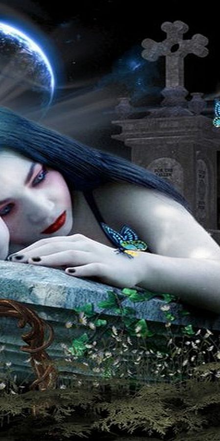 Gothic Dark Phone Wallpaper: A Melancholic Graveyard Scene with Butterflies